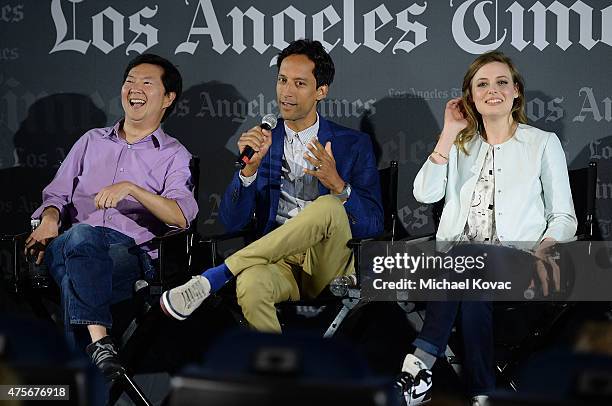 Actors Ken Jeong, Danny Pudi, and Gillian Jacobs participate in a panel at the LA Times Envelope Emmy event for "Community" on Yahoo Screen at...