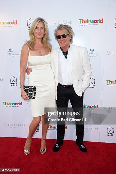 Penny Lancaster and Singer/Songwriter Rod Stewart attend the Theirworld Collaboration with Astley Clarke Summer Reception at The British Residence on...