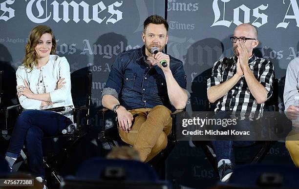 Actors Gillian Jacobs, Joel McHale, and Jim Rash participate in a panel at the LA Times Envelope Emmy event for "Community" on Yahoo Screen at...