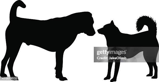 two dogs sniffing each other silhouette - sled dog stock illustrations