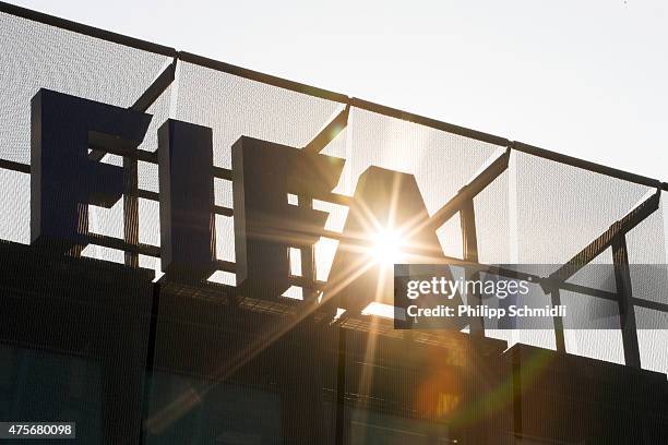 Logo sits on the rooftop at the FIFA headquarters on June 3, 2015 in Zurich, Switzerland. Joseph S. Blatter resigned as president of FIFA. The...