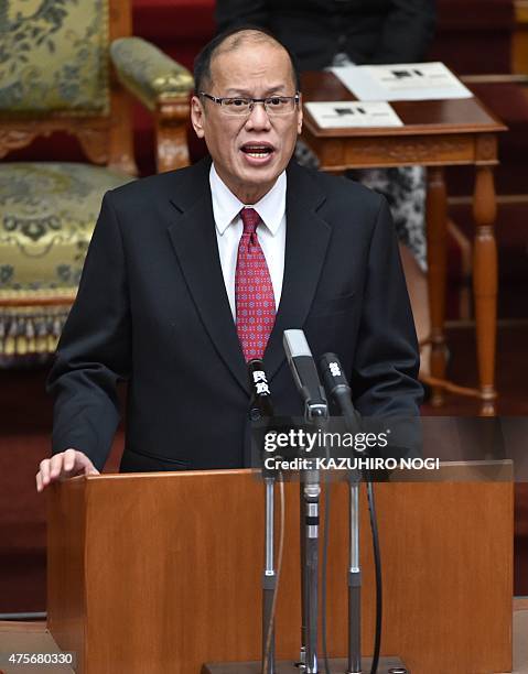 Philippine President Benigno Aquino delivers a speech in the Japanese parliament during his visit to Tokyo on June 3, 2015. Aquino is on a four-day...