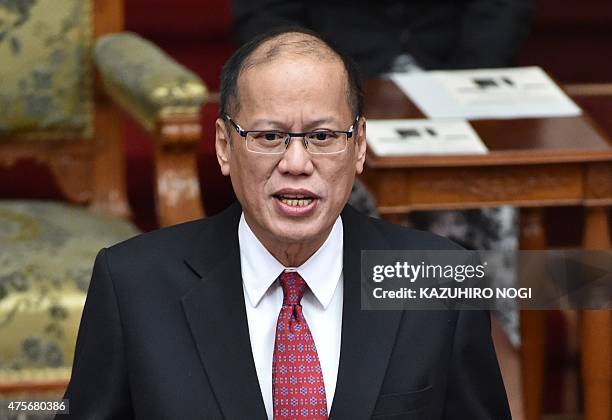 Philippine President Benigno Aquino delivers a speech in the Japanese parliament during his visit to Tokyo on June 3, 2015. Aquino is on a four-day...