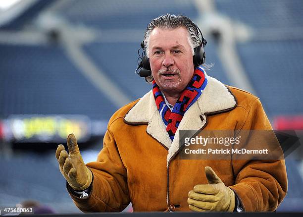 Network host Barry Melrose on set during the 2014 NHL Stadium Series practice day on February 28, 2014 at Soldier Field in Chicago, Illinois.