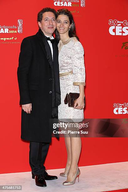 Guillaume Gallienne and his wife Amandine arrive for dinner after the 39th Cesar Film Awards 2014 at Le Fouquet's on February 28, 2014 in Paris,...