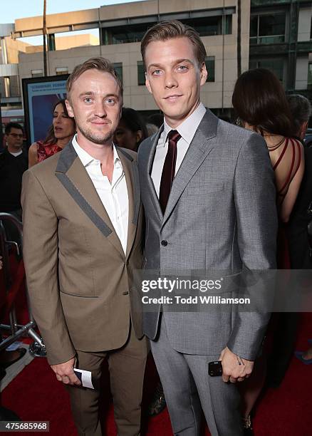 Tom Felton and Jake Abel attend the Roadside Attractions' Premiere Of "Love & Mercy" at the Samuel Goldwyn Theater on June 2, 2015 in Beverly Hills,...