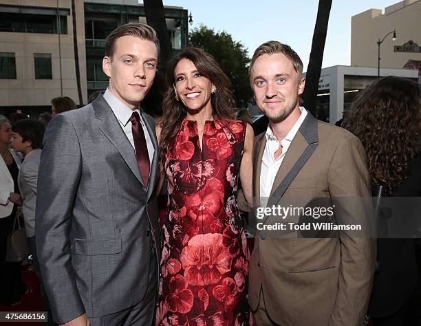 Jake Abel, Producer Claire Rudnick Polstein and Tom Felton attend the Roadside Attractions' Premiere Of "Love & Mercy" at the Samuel Goldwyn Theater...