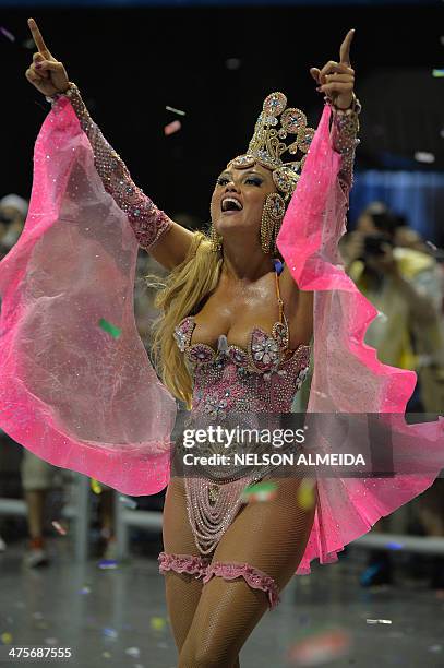 Reveler of the Rosas de Ouro samba school performs during the first night of carnival parade at the Sambadrome in Sao Paulo, Brazil on March 01,...