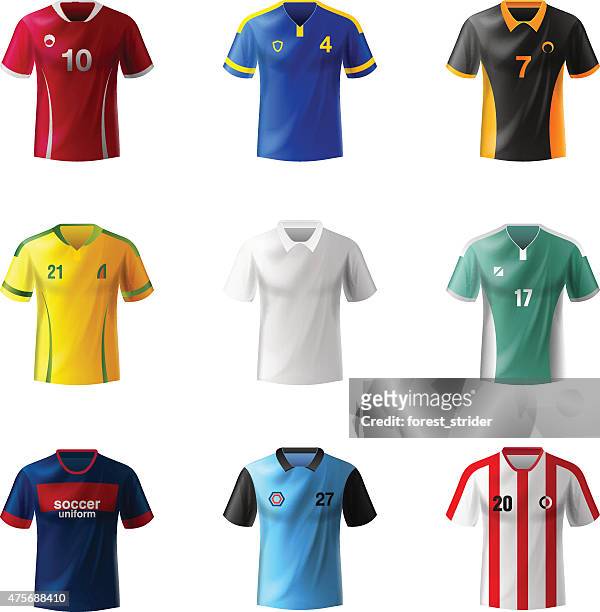 ilustrações de stock, clip art, desenhos animados e ícones de uniformes das camisolas de futebol - equipamento de equipa