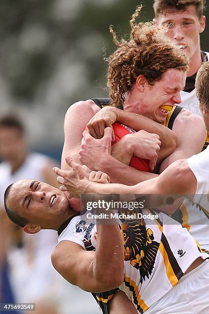 Ben Brown of the Tigers and Alex Woodward of the Hawks contest for the ball during the Werribee Tigers v Box Hill Hawks VFL practice match at Aegis...