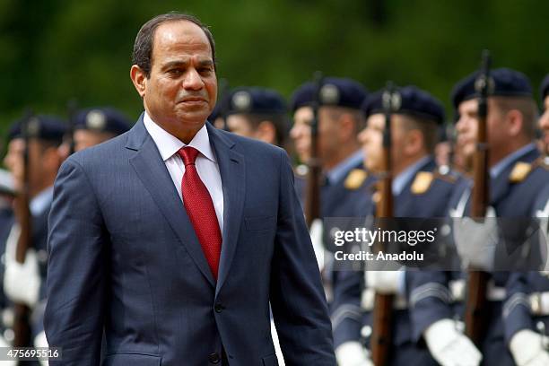 Egyptian President Abdel Fattah al-Sisi is welcomed German President Joachim Gauck with military honours in the garden of Bellevue Palace in Berlin,...