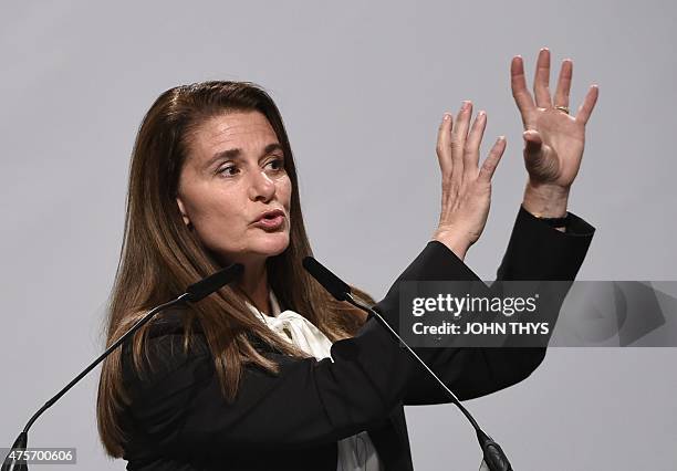 Philanthropist and co-chair of the Bill and Melinda Gates Foundation, Melinda Gates, gestures as she gives a speech on June 3, 2015 during talks as...