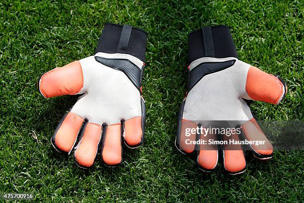 The Gloves from Marius Muller of the U 21 German National team during a training Session on June 3, 2015 in Leogang, Austria.