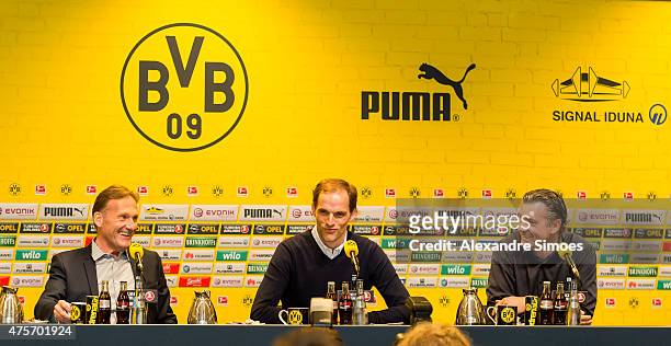 The new headcoach of Borussia Dortmund Thomas Tuchel , CEO Hans-Joachim Watzke and Sportmanager Michael Zorc attend a news conference at Signal Iduna...
