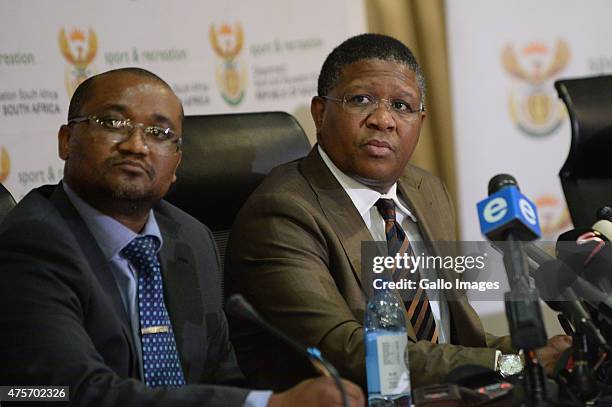 Minister of Sport Fikile Mbalula and DG Alec Moemi during the FIFA allegations Press Conference at SAFA House Conference Centre on June 03, 2015 in...