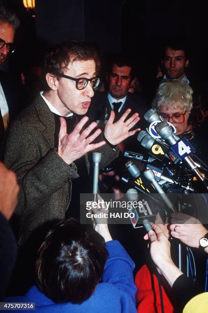 Actor and director Woody Allen speaks to the media, 15 December 1992 in New-York, after a pre-trial hearing in the custody fight with his wife, the...