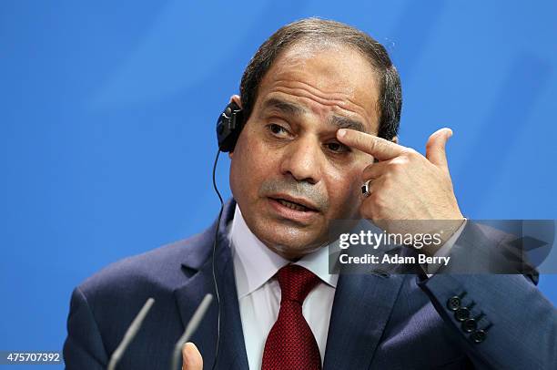 Egyptian President Abdel Fattah el-Sisi speaks during a news conference with German Chancellor Angela Merkel on June 3, 2015 in Berlin, Germany. The...