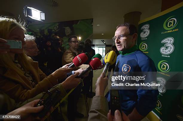 Republic of Ireland manager Martin O'Neill speaks to reporters after an open training session at Aviva Stadium on June 3, 2015 in Dublin, Ireland....