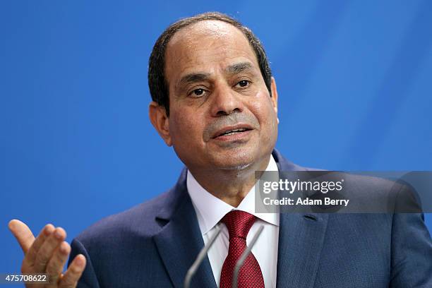 Egyptian President Abdel Fattah el-Sisi speaks during a news conference with German Chancellor Angela Merkel on June 3, 2015 in Berlin, Germany. The...