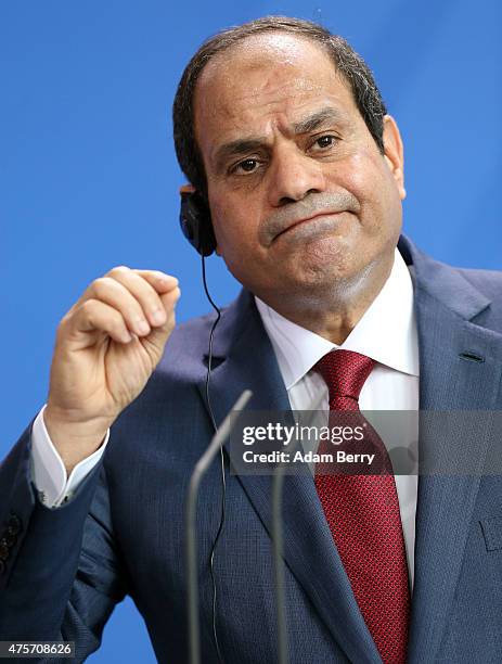 Egyptian President Abdel Fattah el-Sisi speaks during a news conference with German Chancellor Angela Merkel on June 3, 2015 in Berlin, Germany. The...