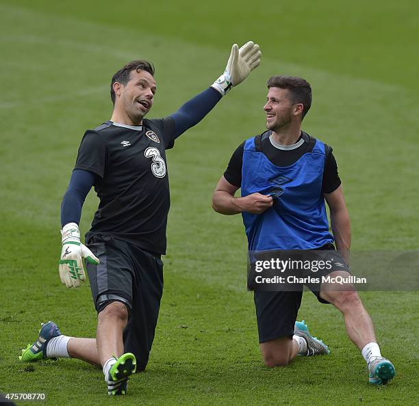 David Forde and Robbie Brady of the Republic of Ireland during a training session at Aviva Stadium on June 3, 2015 in Dublin, Ireland. The Republic...