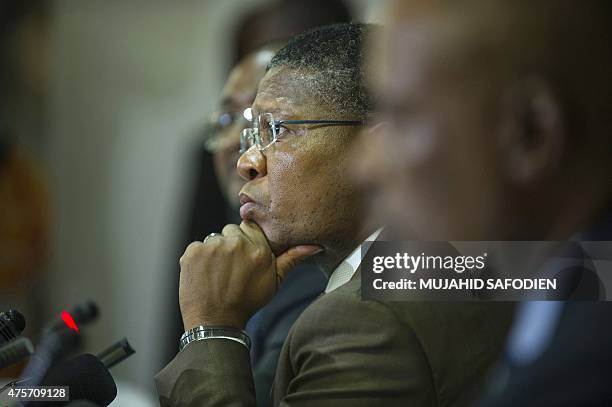 South African Sports and Recreation Minister Fikile Mbalula holds a press briefing at the South African football Association House in Johannesburg on...