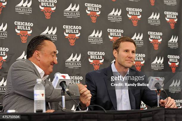 Chicago Bulls General Manager Gar Forman officially welcomes new Head Coach Fred Hoiberg during a press conference on June 2, 2015 at the Advocate...
