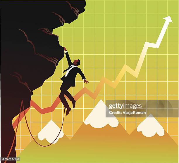 businessman dangerously dangling of the cliff - rock wall climbing stock illustrations