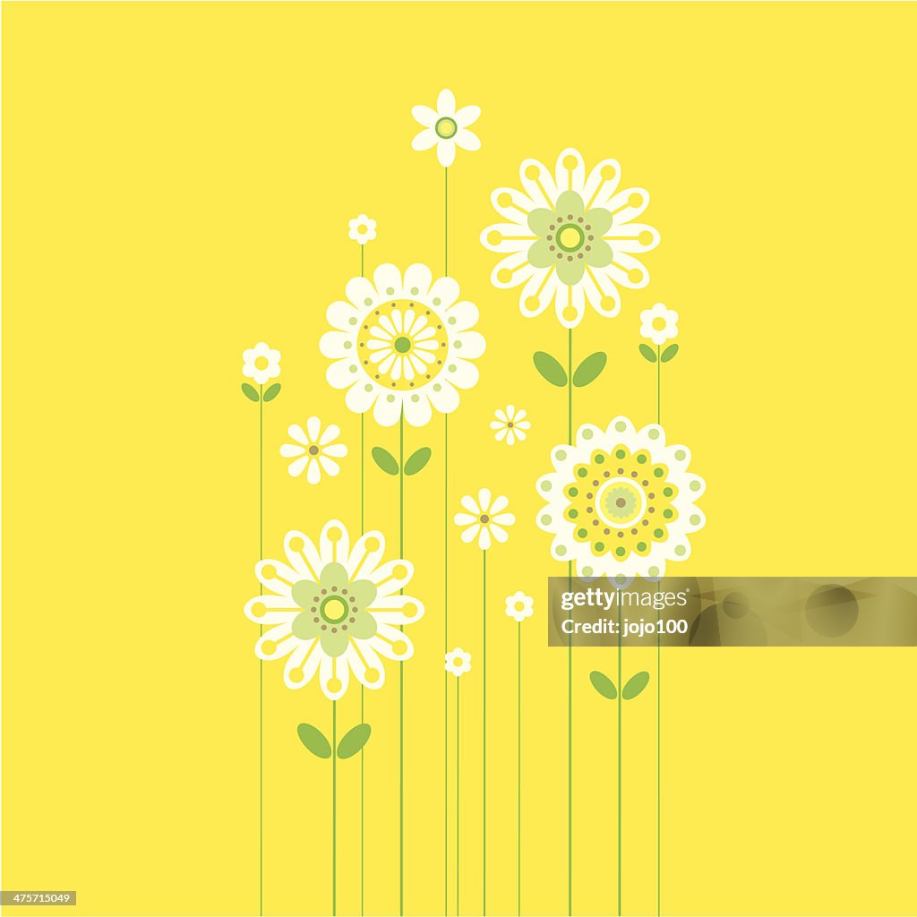 Wachsende Retro Frühling Blumen auf Gelb