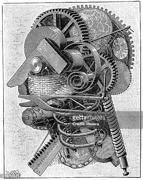 illustrazioni stock, clip art, cartoni animati e icone di tendenza di antica illustrazione di mechanical uomo - cyborg