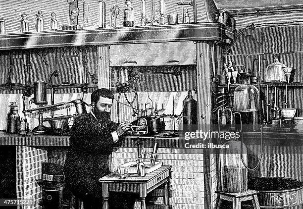 antique illustration of chemist researcher in his lab - physics laboratory stock illustrations