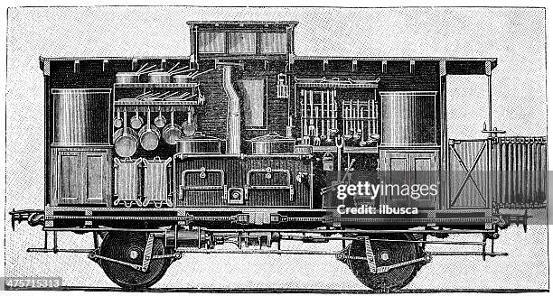 antique illustration of train carriage section - dining car stock illustrations