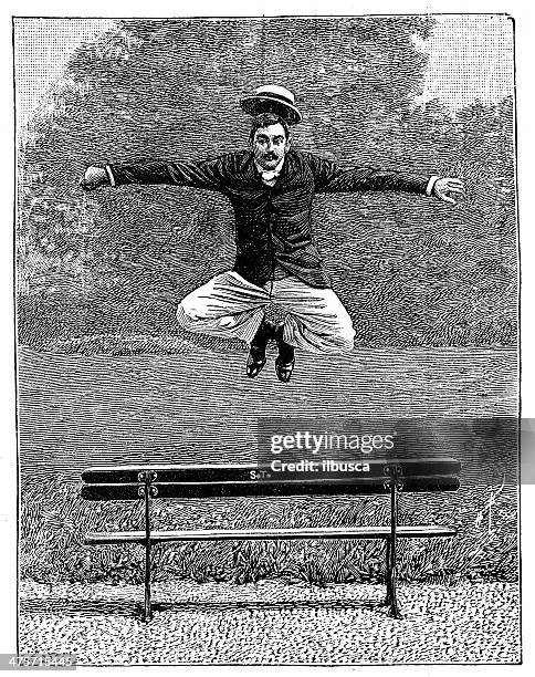 antique illustration of man jumping on bench - free running stock illustrations