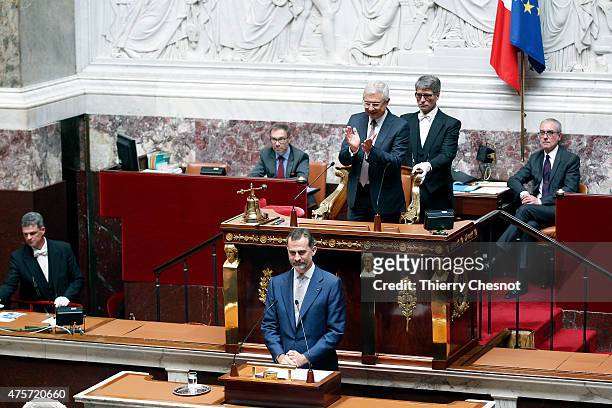 King Felipe VI of Spain delivers a speech at the French National Assembly on 03 June 2015 in Paris, France. Felipe VI of Spain and Queen Letizia of...