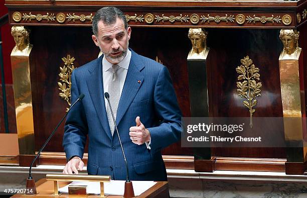 King Felipe VI of Spain delivers a speech at the French National Assembly on 03 June 2015 in Paris, France. Felipe VI of Spain and Queen Letizia of...