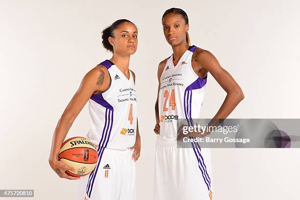 Candice Dupree and DeWanna Bonner of the Phoenix Mercury take a photo during the Phoenix Mercury Media Day on June 1, 2015 in Phoenix, Arizona. NOTE...