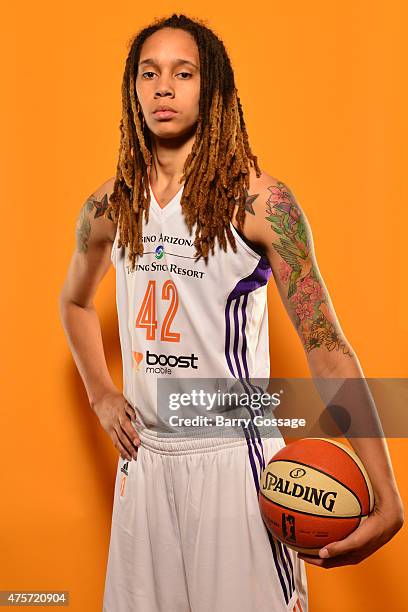 Brittney Griner of the Phoenix Mercury poses for photos during the Phoenix Mercury Media Day on June 1, 2015 in Phoenix, Arizona. NOTE TO USER: User...