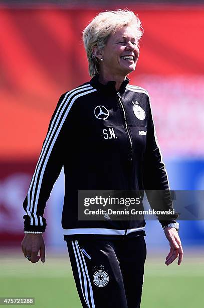 Head coach Silvia Neid of Germany reacts during a morning training session at Algonquin College Soccer Complex on June 3, 2015 in Ottawa, Canada.