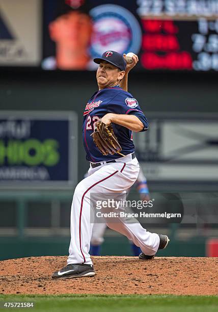 Tim Stauffer of the Minnesota Twins pitches against the Toronto Blue Jays on May 31, 2015 at Target Field in Minneapolis, Minnesota. The Twins...