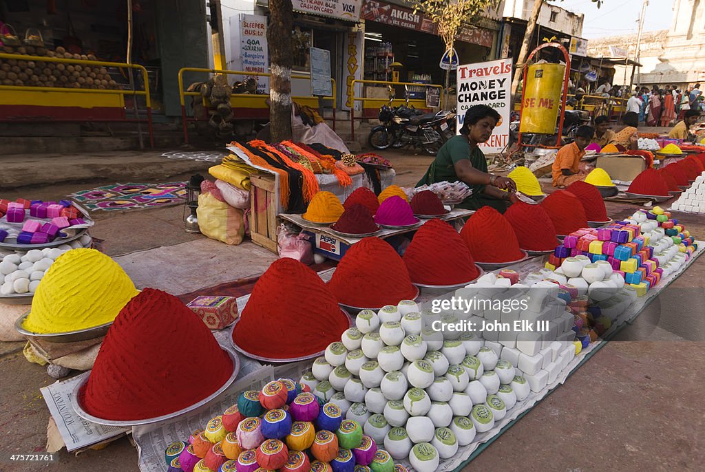 Hampi Bazaar, colored powder vendors