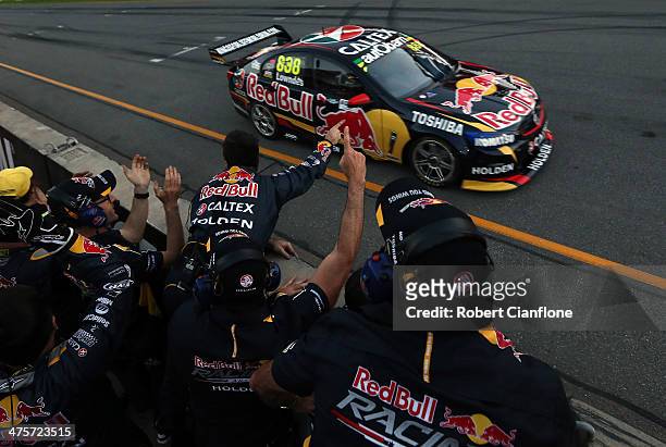 Craig Lowndes driving the Red Bull Racing Australia Holden wins race two of the V8 Supercars Championship at Adelaide Street Circuit on March 1, 2014...