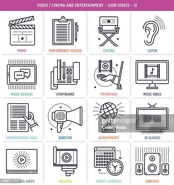 ilustrações de stock, clip art, desenhos animados e ícones de conjunto de ícones do cinema e música - roteiro