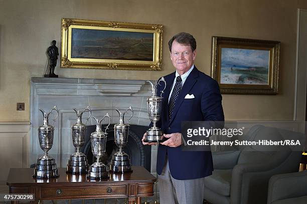 Tom Watson, legendary American golfer, stands in the North Room of the Royal And Ancient Golf Course Club House, with the 5 Open Championship Claret...