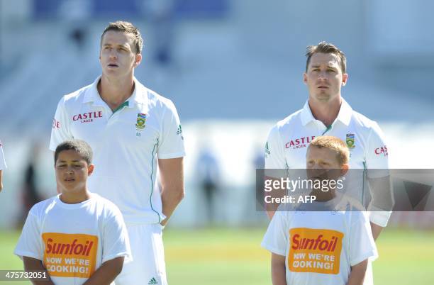 South African cricketers Morne Morkel and Dale Steyn of South African team pose ahead of day 1 of the third Test match between South Africa and...