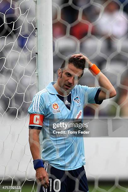 Alessandro Del Piero of Sydney FC looks dejected after losing to the Mariners during the round 21 A-League match between Central Coast Mariners and...