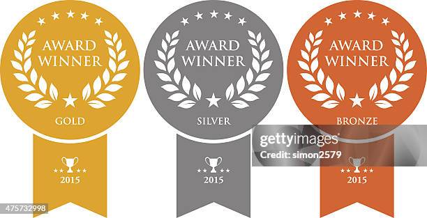 illustrazioni stock, clip art, cartoni animati e icone di tendenza di oro, argento e bronzo premio medaglie - bronze medal