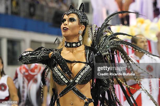 Member of the Dragoes da Real samba school performs during the first night of the Sao Paulo's Carnival parade at the Sambodromo on February 28, 2014...