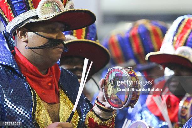 Member of the Dragoes da Real samba school performs during the first night of the Sao Paulo's Carnival parade at the Sambodromo on February 28, 2014...