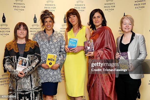 Baileys Women's Prize for Fiction 2015 shortlisted authors Ali Smith, Laline Paull, Rachel Cusk, Kamila Shamsie and Sarah Waters, American author...