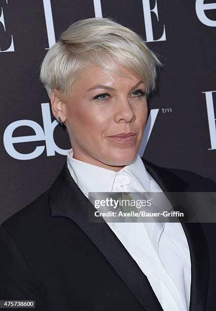Singer Pink arrives at the 6th Annual ELLE Women In Music Celebration Presented by eBay at Boulevard3 on May 20, 2015 in Hollywood, California.
